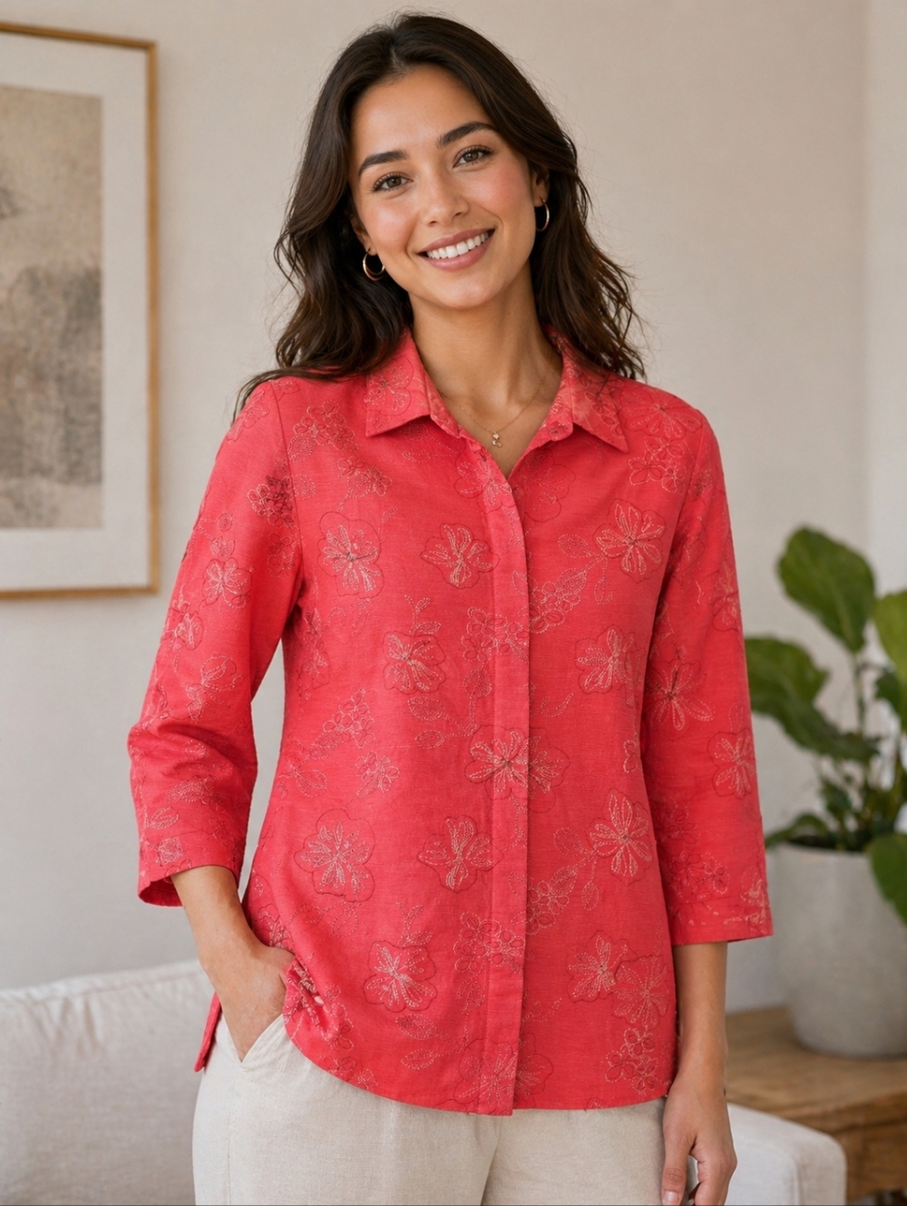 Coldwater Creek Silk Linen Coral Jacket Light Embroidered Button Front Sz XL